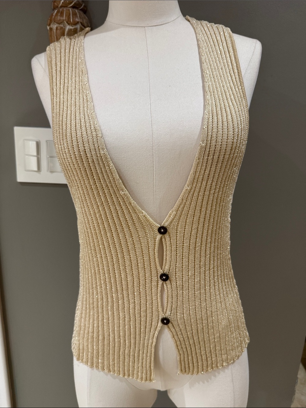 Free People Shimmery Knit Sleeveless Button Vest in Gold
